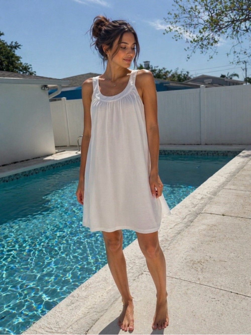 Sleeveless White Maxi Dress with Gathered Scoop Neck Size Large